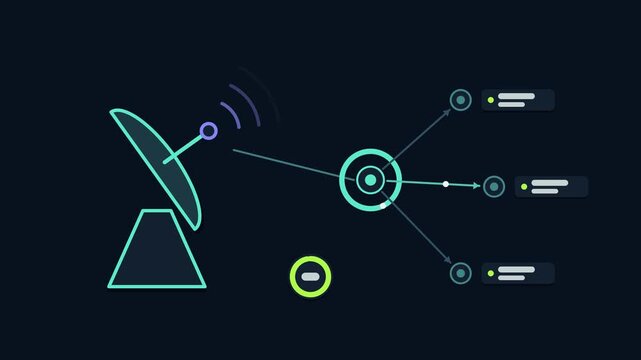Seamless 4K looping animation explaining health check probe, with the diagram polling nodes. Flat vector shapes, glowing teal and turquoise connector lines and dark UI cards with blank text placeholde