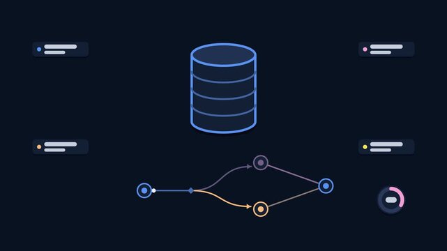 Seamless 4K looping animation explaining prompt cache hit, with the diagram skipping recompute. Flat vector shapes, glowing purple and violet connector lines and dark UI cards with blank text placehol