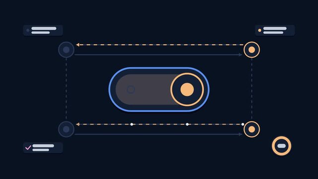 Animated failover switchover concept in a modern dark mode style, shifting load across in a smooth 4K seamless loop. Neon blue and azure accents, flowing dots and placeholder interface cards on a dark