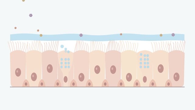 Clean 2D medical animation showing goblet cells releasing mucus, inhaled particles becoming trapped in the mucus layer, and cilia moving mucus and particles together along the airway epithelium. Simpl