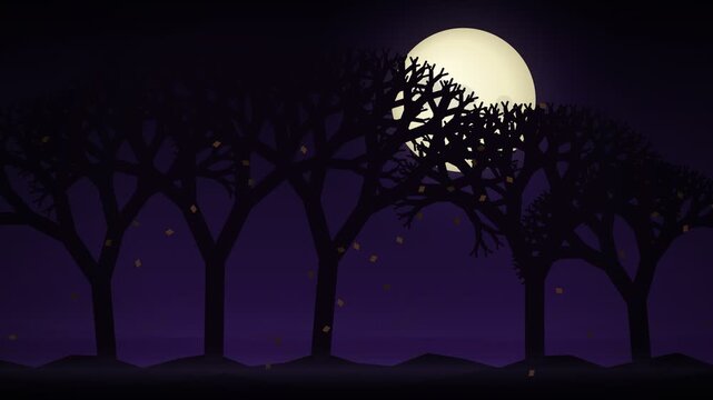 Silhouetted trees standing under a full moon in a purple night sky