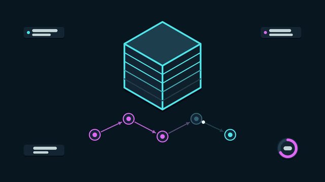 Animated rolling update concept in a modern dark mode style, advancing across nodes in a smooth 4K seamless loop. Neon blue and azure accents, flowing dots and placeholder interface cards on a dark ba