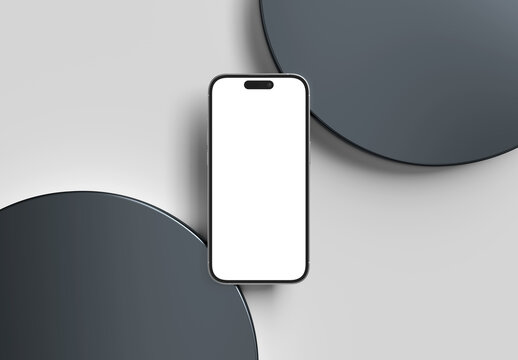 Modern smartphone mobile phone mockup on white circular display. 3d rendering