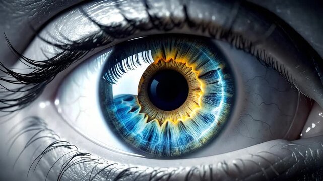 Close-up of a human eye with vibrant blue and yellow iris
