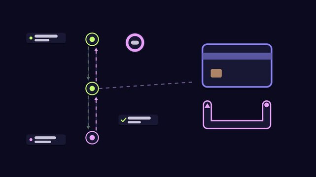 Seamless 4K looping animation explaining chargeback dispute, with the diagram reversing payments. Flat vector shapes, glowing blue and azure connector lines and dark UI cards with blank text placehold