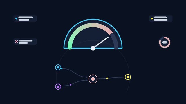Seamless 4K looping animation explaining fraud scoring engine, with the diagram weighing risk signals. Flat vector shapes, glowing blue and azure connector lines and dark UI cards with blank text plac