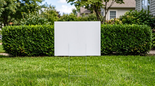 Blank white corrugated plastic yard sign mounted on metal wire frame standing in vibrant grass lawn outside residential home near thick bushes