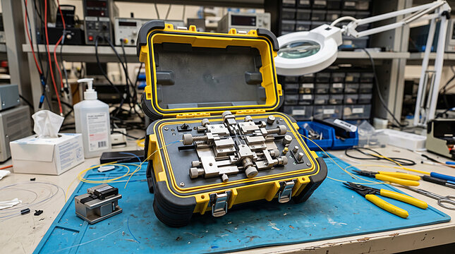 Fiber optic fusion splicer in rugged yellow protective case, professional optical splicing equipment, electronics workbench laboratory testing setup