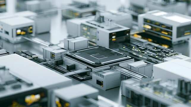 A futuristic microtechnology facility with intricate hinery and glowing circuitry in a clean  high tech environment