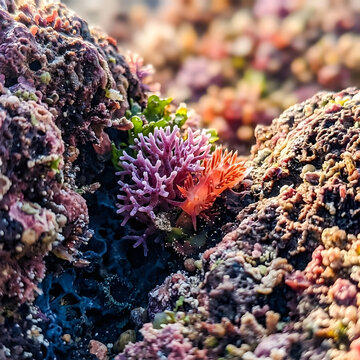 Colorful marine coral and algae in a rocky tide pool
