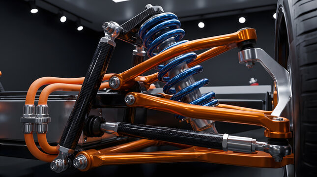 Close-up of an advanced hypercar suspension system with orange control arms and blue components