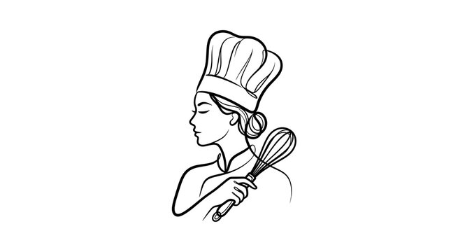 female chef holding wire whisk wearing traditional toque uniform profile view kitchen utensils culinary worker preparing dessert isolated white background