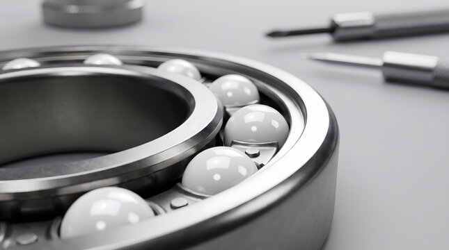 Close-up of precision ceramic ball bearings arranged in a circular metal race