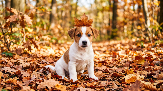Cute Jack Russell puppy sitting outdoors among golden autumn dry leaves with single fallen oak leaf resting upon head in forest