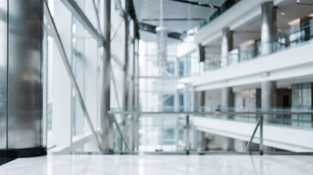 Defocused modern multi-story commercial building interior featuring sleek metal columns beside bright glass walkways providing generic architectural backdrop for professional projects