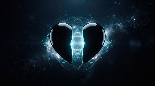 Stylized glossy black heart symbol splitting open with glowing cyan energy portal core surrounded by holographic constellations in deep cosmic space