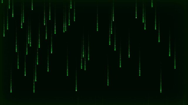 Green digital code rain falling on black background