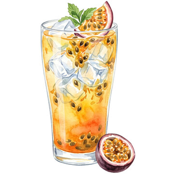 Indonesian fresh iced passion fruit drink es markisa with passion fruit pulp, seeds, ice cubes, mint leaves garnish, and halved purple passion fruit in a tall glass, watercolor illustration