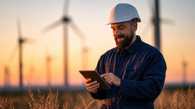 Renewable energy technician checking tablet at wind farm during sunset