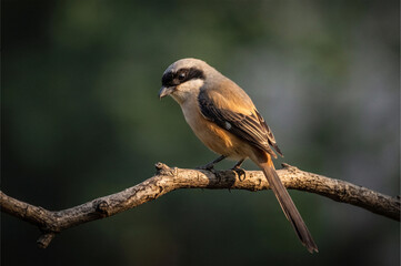 Obraz premium Shrike on a branch before deep background 