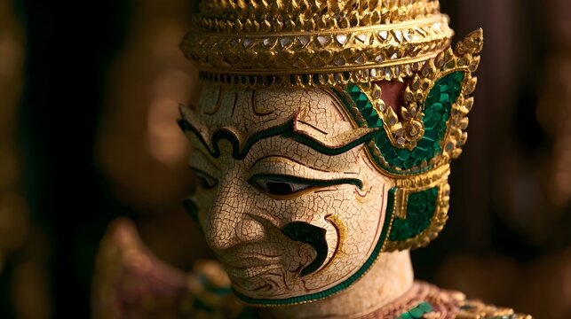 Close up of an ornate traditional mask with intricate gold and green detailing  showing aged texture and cultural ry