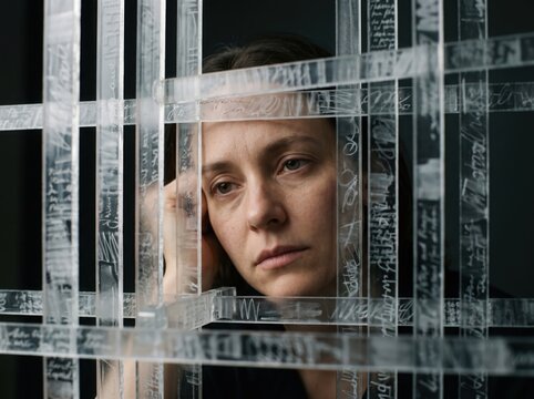 Woman trapped in a transparent cage of repetitive thoughts, symbolizing rumination, anxiety, overthinking, and mental exhaustion