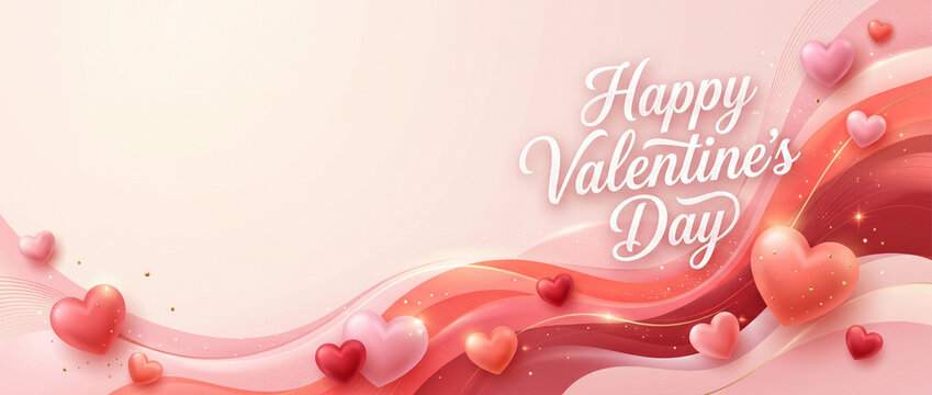 Soft flowing romantic background with 3d hearts and elegant script for happy valentine day banner greeting card website header or social media banner design featuring light pink palette