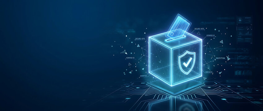 Digital Secure Electronic Voting System Concept with Holographic Ballot Box, Encryption Technology and Online Democracy Interface on Abstract Blue Futuristic Background