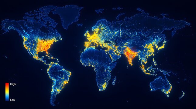 Global Data Analytics Concept with Digital World Map Showing Connection Network, Internet Traffic and Big Data Visualization