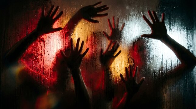 Silhouetted hands reach out against a colorful abstract background with blurred city lights