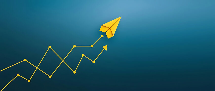 Yellow paper plane flying upwards along a rising business growth chart and arrow on blue background, symbolizing financial success, startup progress, and investment profit.