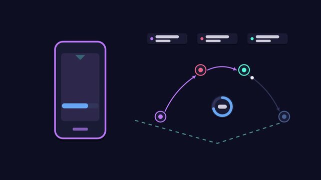 Seamless 4K looping animation explaining over the air update, with the diagram patching devices. Flat vector shapes, glowing blue and azure connector lines and dark UI cards with blank text placeholde