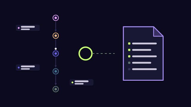 Animated crash symbolication concept in a modern dark mode style, decoding stack traces in a smooth 4K seamless loop. Neon purple and violet accents, flowing dots and placeholder interface cards on a 