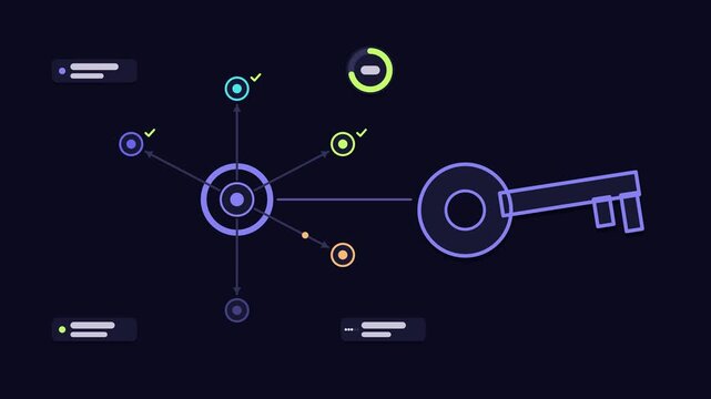 Seamless 4K looping animation explaining single sign on, with the diagram unlocking services. Flat vector shapes, glowing blue and azure connector lines and dark UI cards with blank text placeholders 