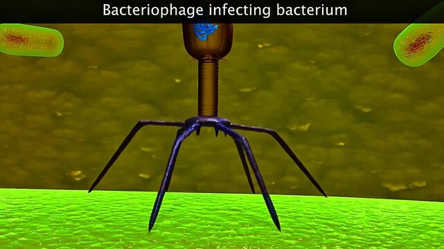 A bacteriophage attaches to a bacterium and injects its genetic material to begin viral replication.