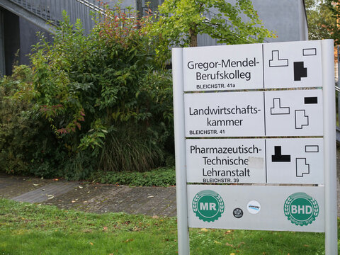 Germany, Paderborn, October 08. 2026, "Gregor-Mendel-Berufskolleg", "Landwirtschaftskammer", and "Pharmazeutisch-Technische Lehranstalt" on Bleichstra&szlig;e in Paderborn