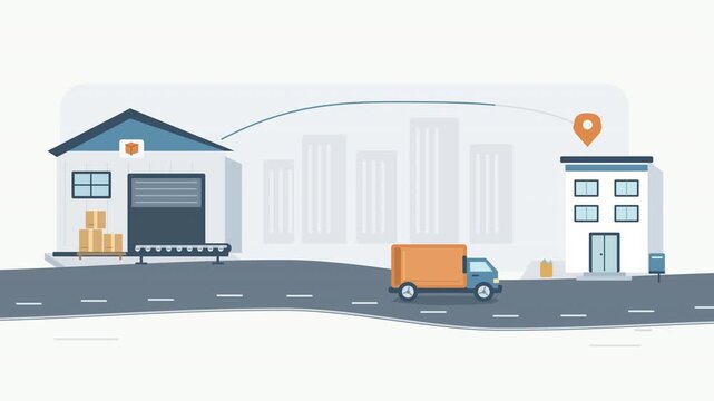 倉庫で荷物を積み込んだ配送トラックが目的地へ届ける物流の4Kループアニメーション