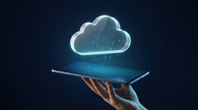 Hand holding tablet with glowing cloud computing and data storage icon