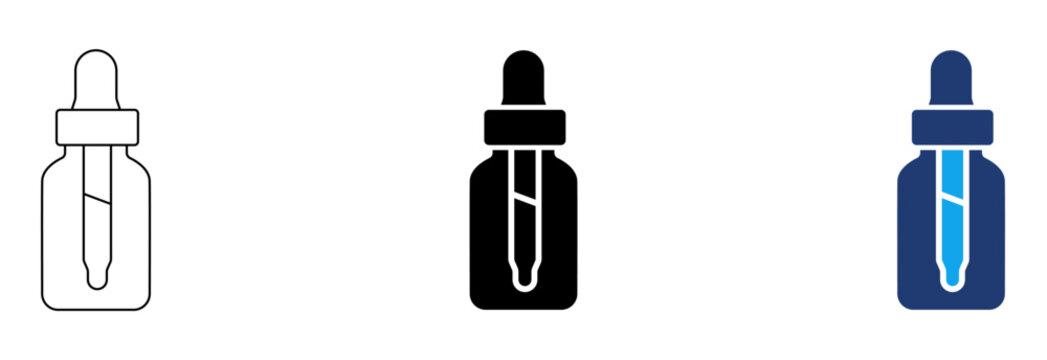 Dropper bottle icon set for cosmetic serum and skincare essential oils, beauty packaging symbols in outline, solid, and duotone styles.
