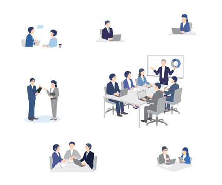 打ち合わせをするビジネスパーソンのシンプルイメージ イラストベクター素材セット