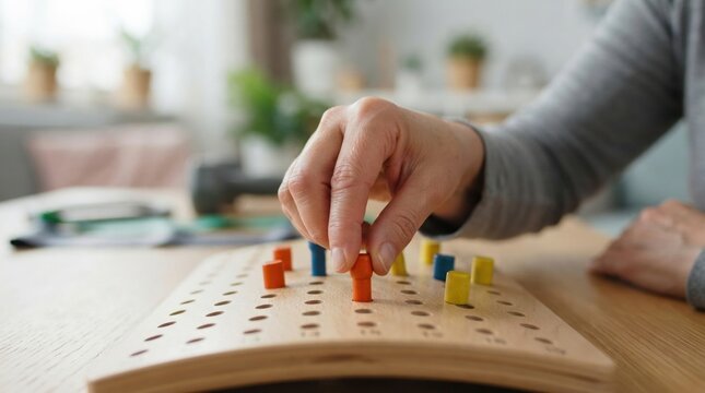 hand dexterity therapy activity closeup Person playing a wooden peg solitaire game at a table indoors