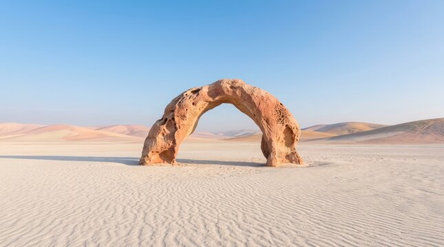 Natural sandstone rock arch in minimalist desert landscape under blue sky