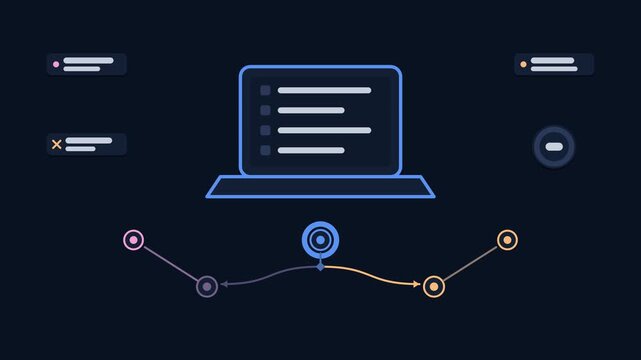 Animated device posture check concept in a modern dark mode style, sorting devices in a smooth 4K seamless loop. Neon blue and azure accents, flowing dots and placeholder interface cards on a dark bac
