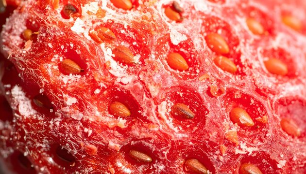 Extreme macro shot of a frozen red strawberry covered in sparkling ice crystals and frost texture showing seeds