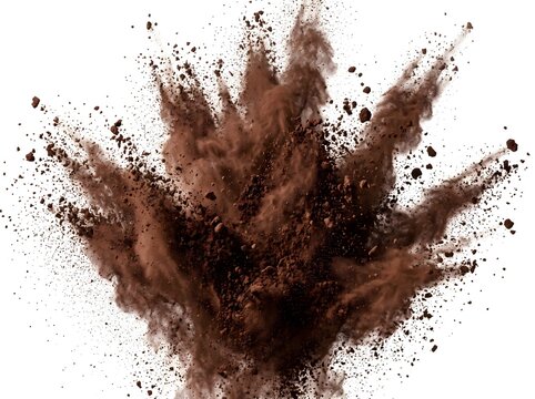Cocoa powder exploding outward on white background