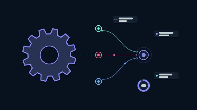 Animated threat correlation engine concept in a modern dark mode style, linking events in a smooth 4K seamless loop. Neon teal and turquoise accents, flowing dots and placeholder interface cards on a 