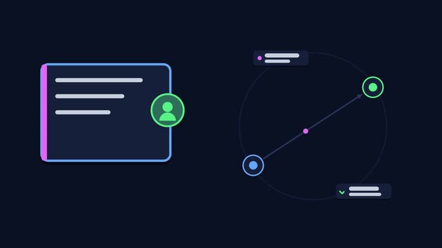 Animated assign task teammate concept in a modern dark mode style, delegating work in a smooth 4K seamless loop. Neon blue and azure accents, flowing dots and placeholder interface cards on a dark bac