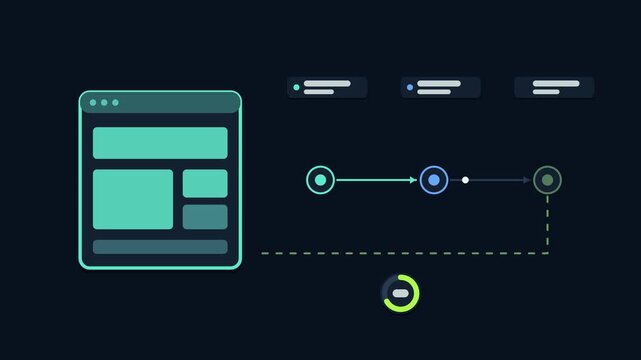 Seamless 4K looping animation explaining critical rendering path, with the diagram painting pages. Flat vector shapes, glowing teal and turquoise connector lines and dark UI cards with blank text plac