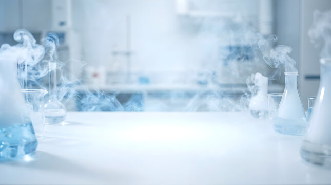 Unique laboratory science experiment with bubbling chemical beakers and rising vapor on a white table laboratory equipment white background science class laboratory glassware scientific