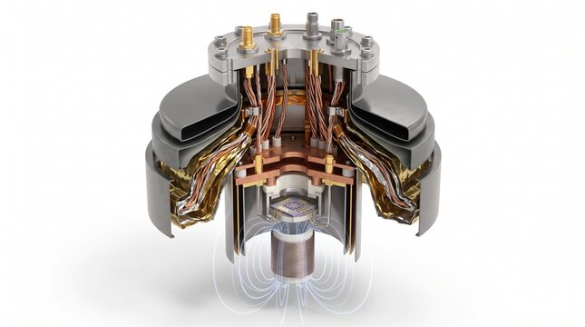 Magnetic field generator cutaway displays copper wiring coils and electromagnetic field lines.